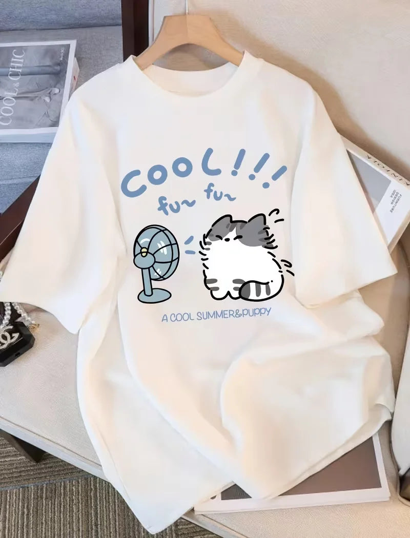 Stylish Unique Cool Cat Fans Short Sleeve T Shirt for Women Cartoon Summer Print Fitted Flattering Fashionable Soft Breathable